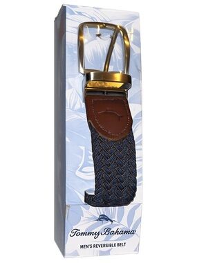 Tommy Bahama Navy Woven Reversible Belt with Brown Leather Accents